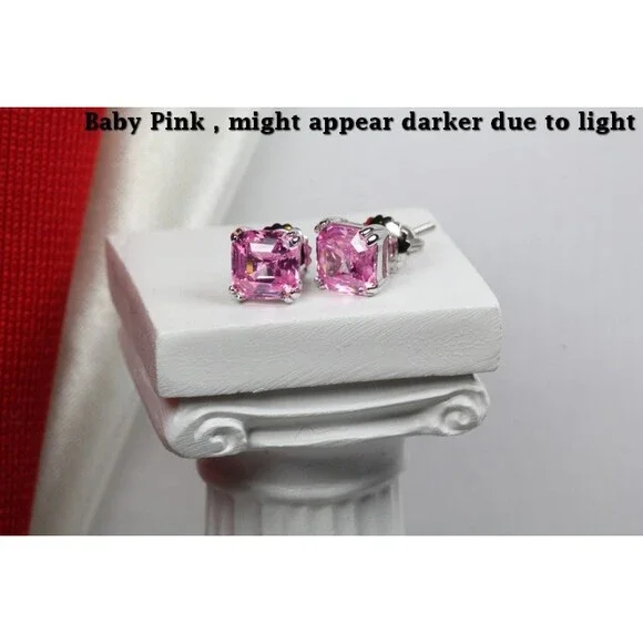 Ladies Baby Pink Step Cut Asscher 925 Silver Nickel Free Screw Back Earrings - Picture 3 of 4
